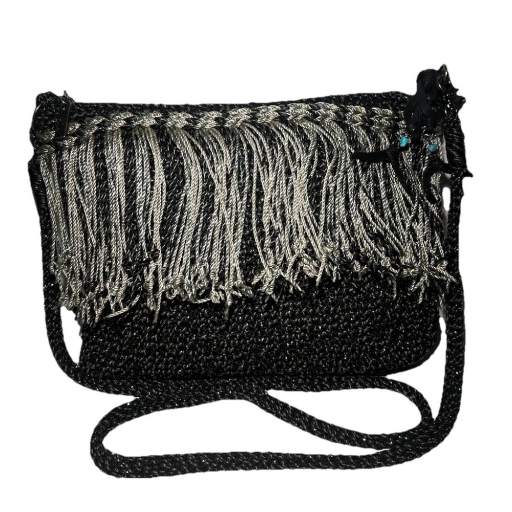 The Sak Crocheted Boho Crossbody Bag in Black & Silver with Fringe Accent
